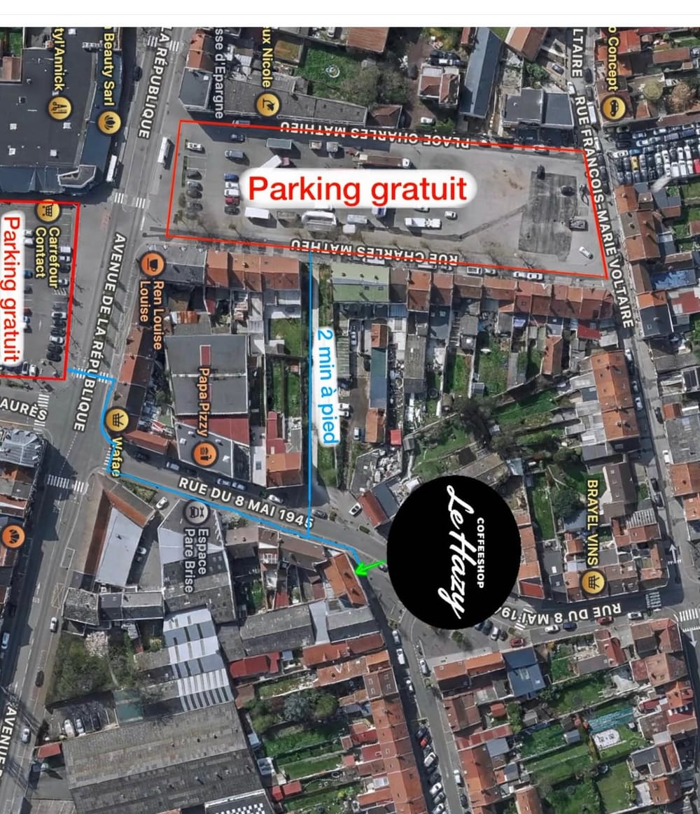 Plan d’accès aux parkings gratuits à proximité du Coffee Shop Le Hazy